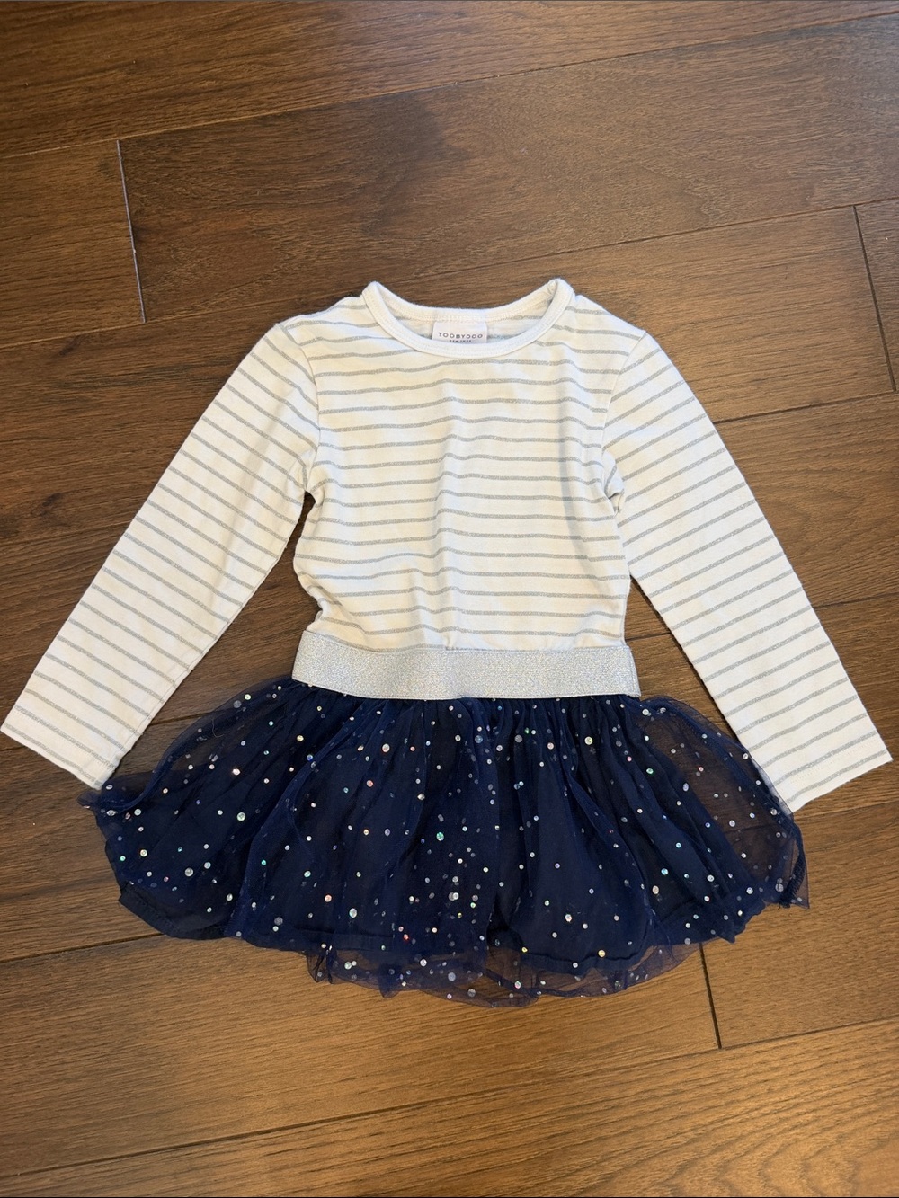 Toobydoo White and Silver Striped and Ruffle Party Dress Size 2 - C17-030